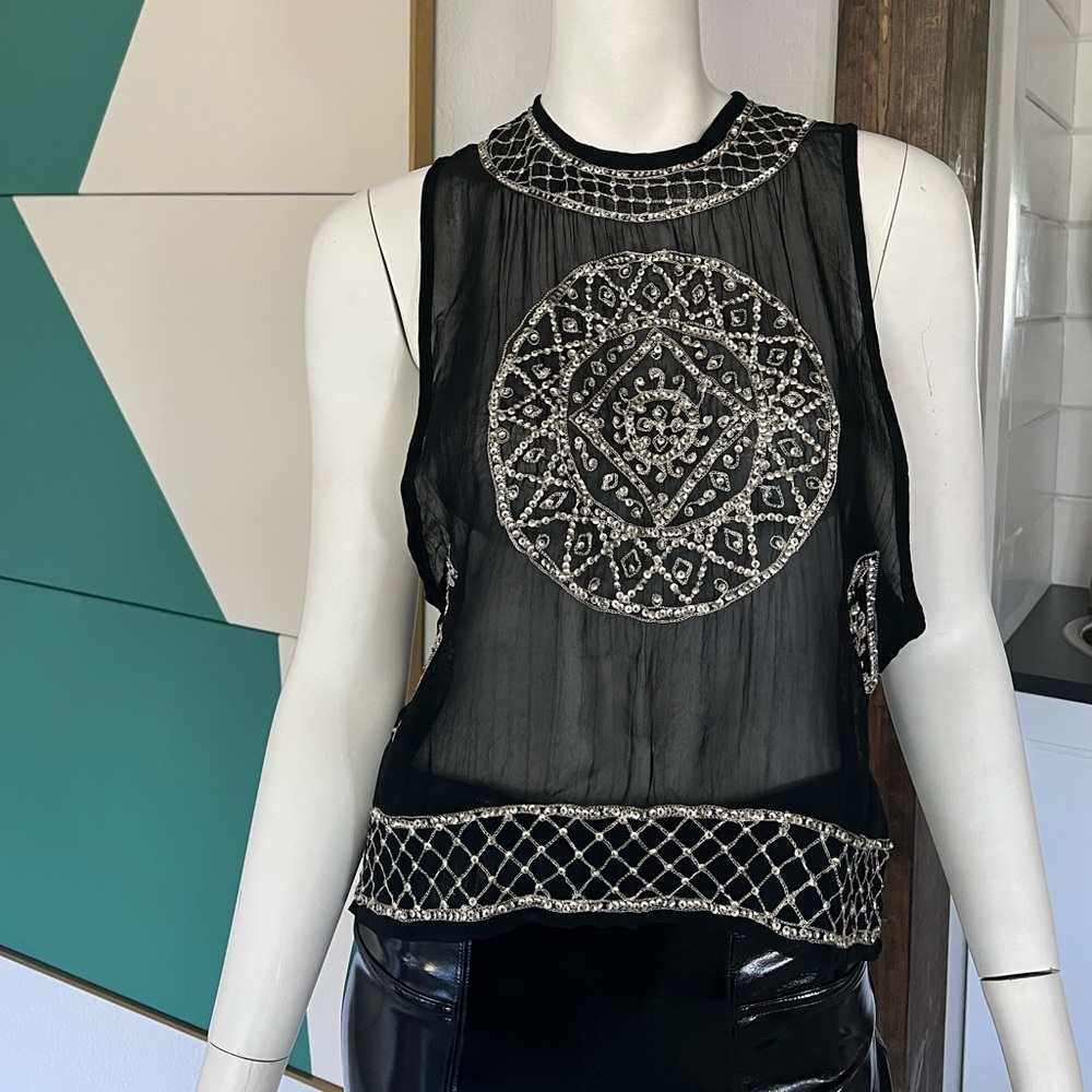 Cleobella Boho Black and Silver Sequin Top XS